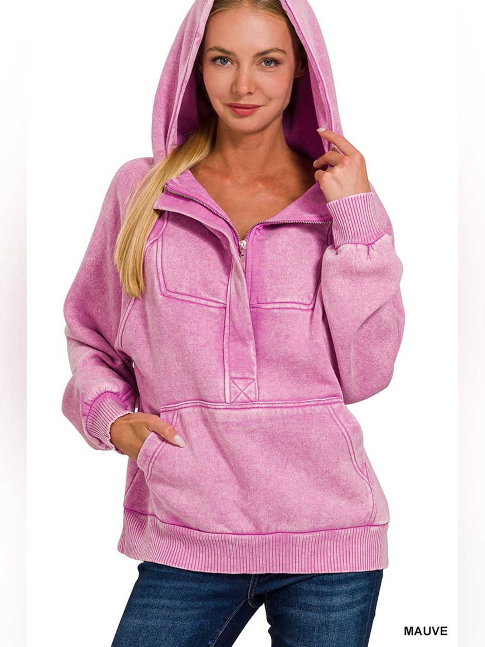 Zenana Acid Washed Oversized Pink Hooded Pullover in Mauve